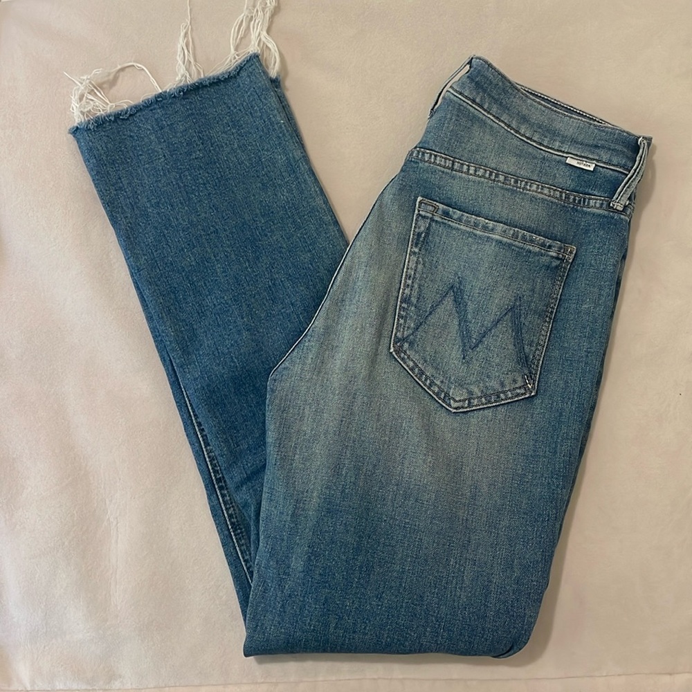 MOTHER Straight Leg Jeans in Faded Blue with Frayed Hem